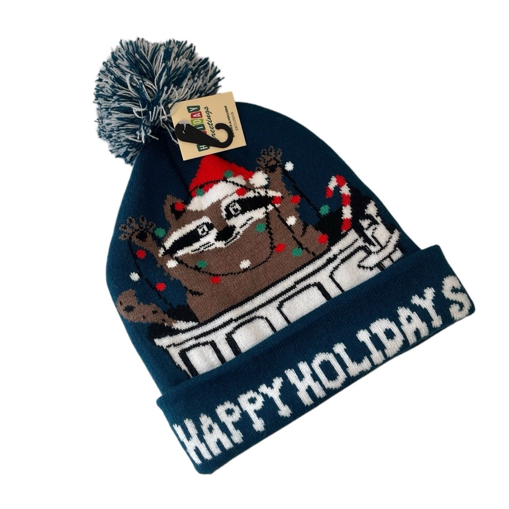 Books-A-Million Happy Holidays raccoon trash can winter beanie acrylic